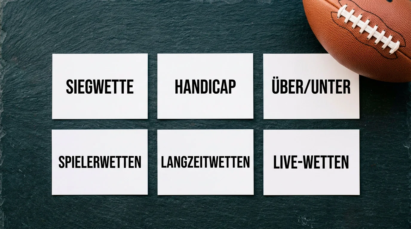 Sechs NFL-Wettarten im Überblick — Moneyline, Spread, Totals, Props, Futures, Live